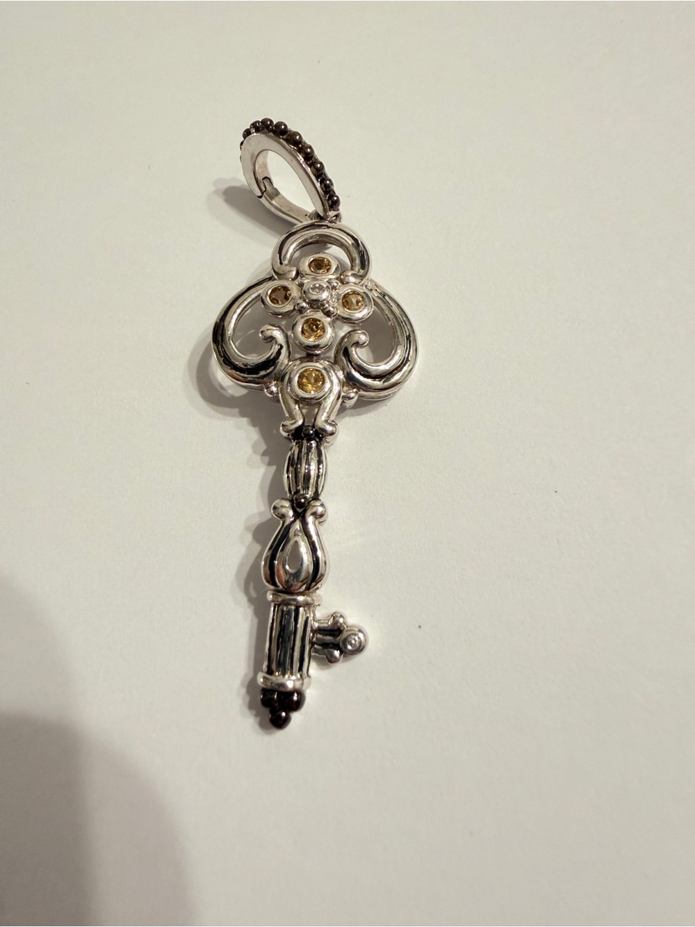 925 Sterling Silver Key Pendant Citrine Diamond Bali Scrollwork
